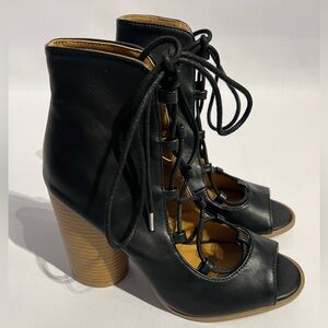 Qupid Black Peep-Toe Lace-Up Heeled Boots